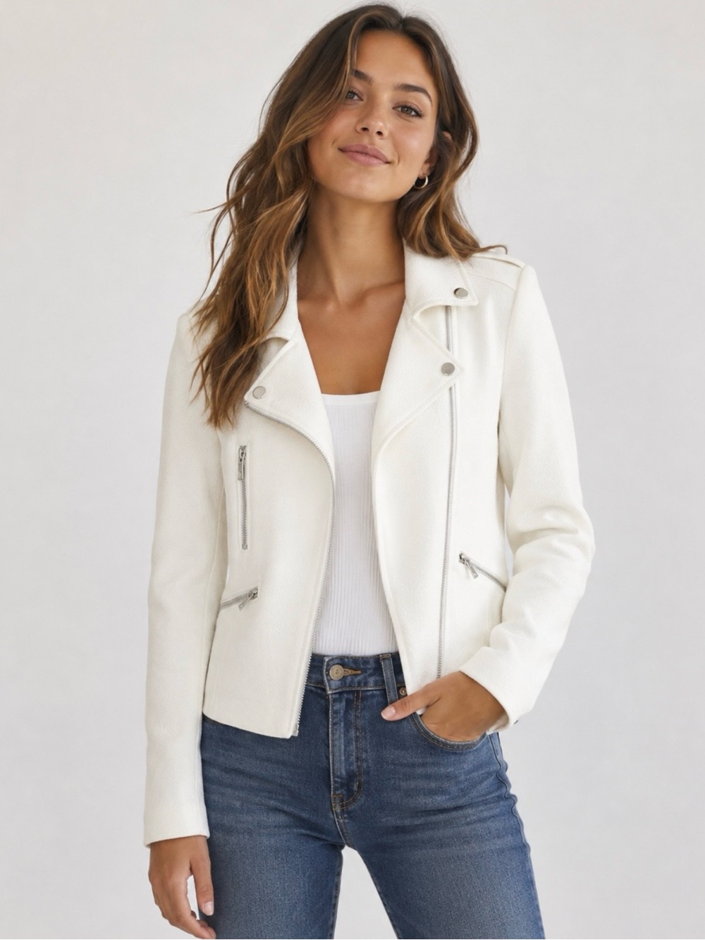 GENERATION LOVE | White with Silver Hardware Textured Crepe Moto Jacket Sz. XS